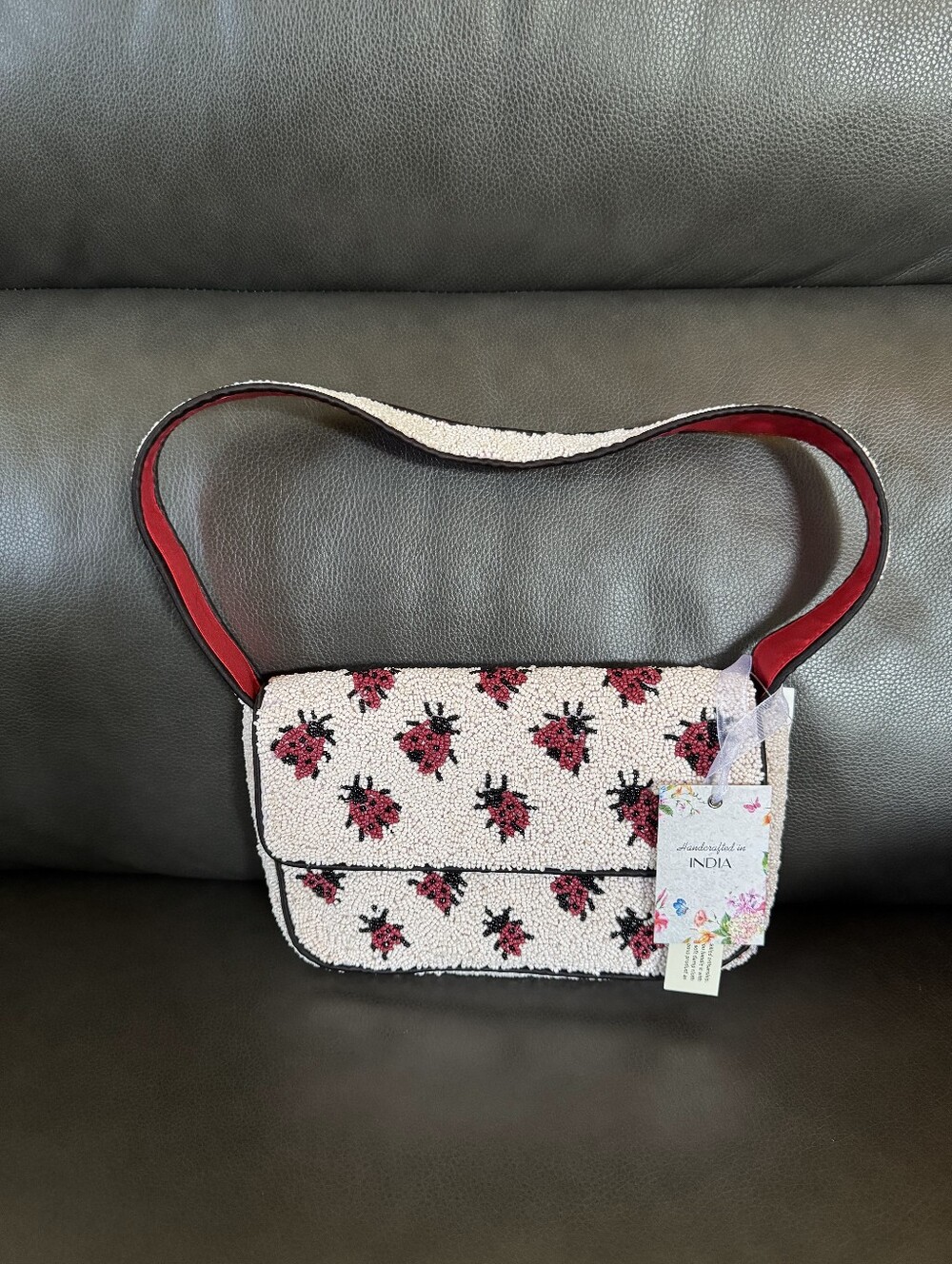 New Viral Beaded Bag Ladybug Beaded Shoulder Bag Purse White Red